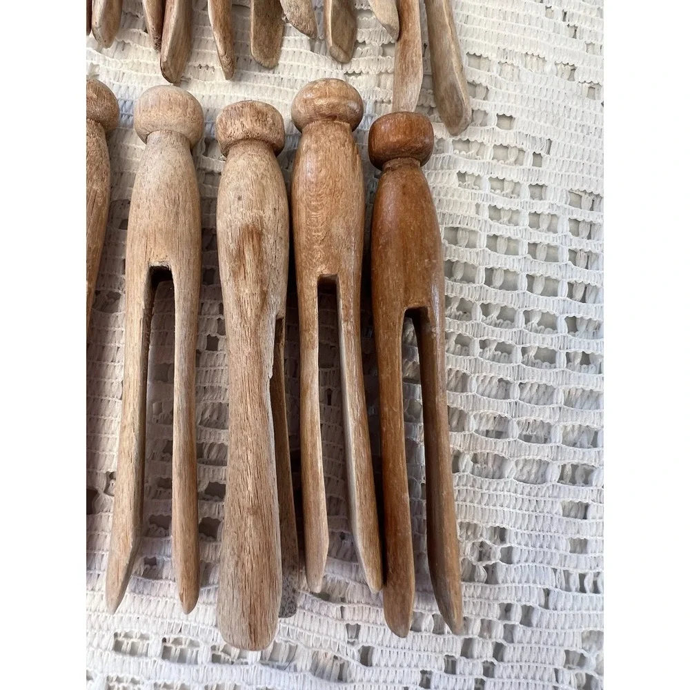 12 Antique Vintage Solid Wood Clothes Pins Round Head Primitive Wooden
